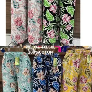 Pantalon large imprimé tropique grande taille 100% coton (x12)
