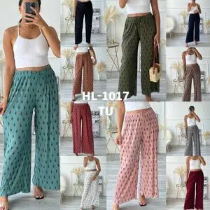 Pantalon palazzo imprimé petites feuilles géométriques unis (x12)