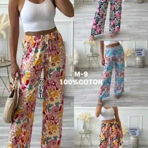 Pantalon palazzo belles fleurs 100% coton (x12)