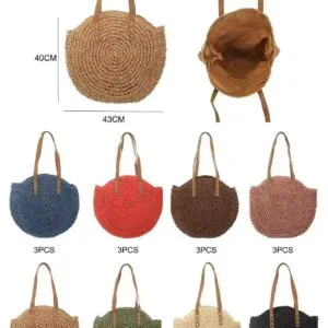 Sac rond tissé anses simili cuir (x6)
