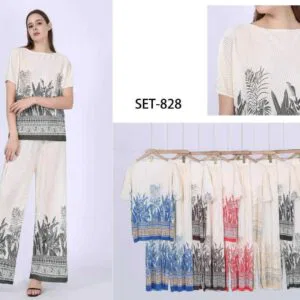 Ensemble T-shirt tropical à manches courtes et pantalon large plissé (x12)