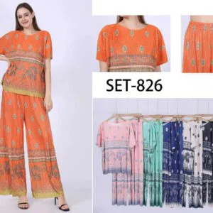 Ensemble motif bohème T-shirt à manches courtes et pantalon large plissé (x12)