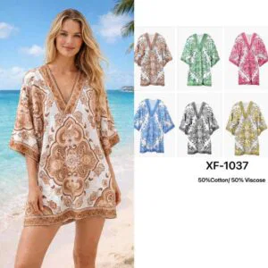 Tunique plage imprimée cachemire ornemental et col V (x12)